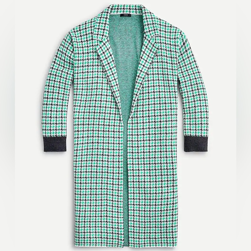J. Crew Ella Open-Front Long Sweater-Blazer in Green Plaid, Size XXS